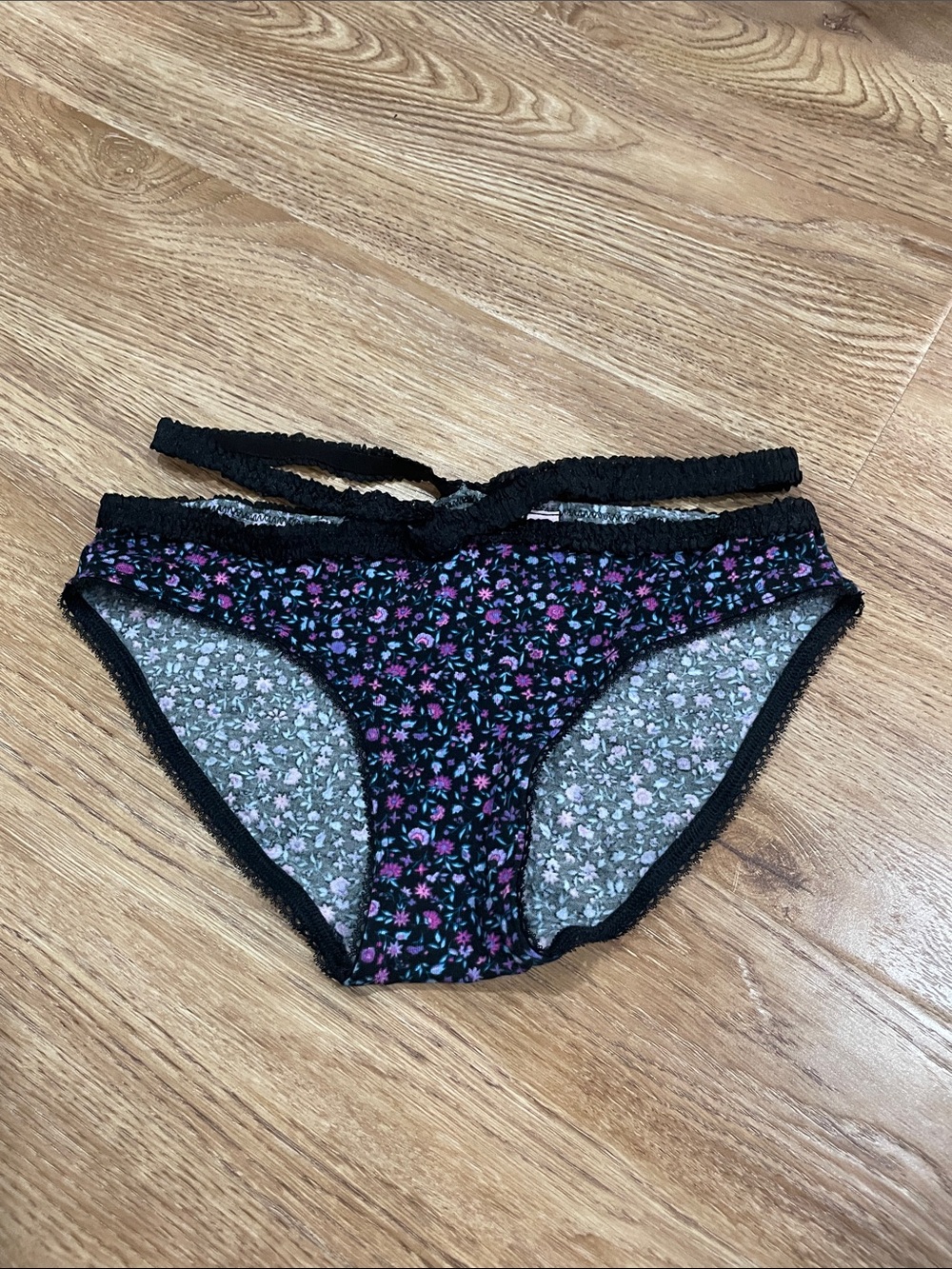 Victoria's Secret Black Floral Bikini Briefs with Pink & Purple Accents
